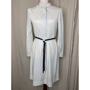 1960s White Navy Nautical Sailor Modest Coquette Ribbed Hostess Midi Dress M